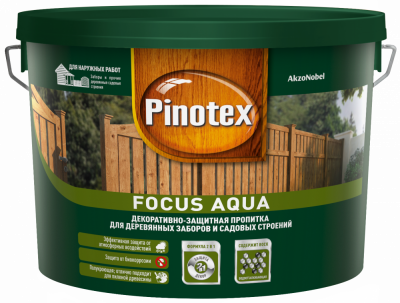 Pinotex Focus Aqua для защиты садовых строений 9 л, зеленый лес